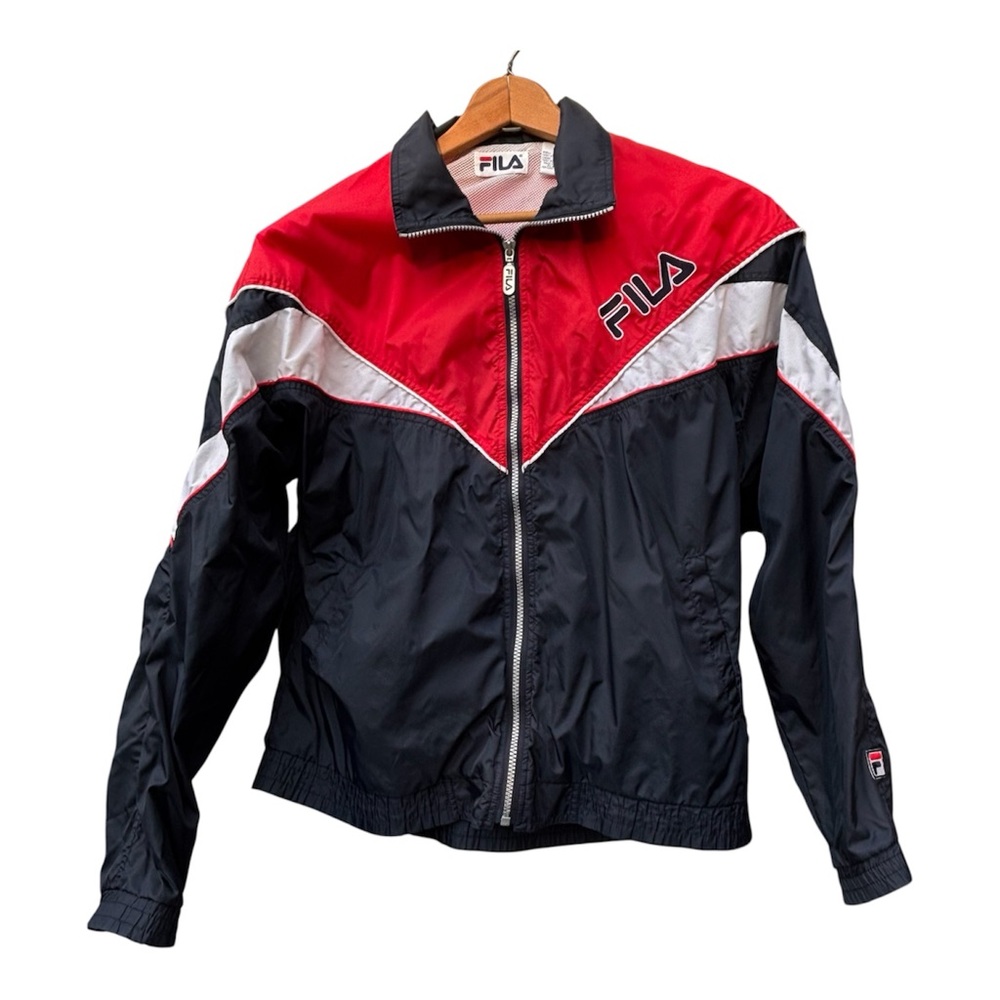 Vintage FILA Red and Navy Blue Zip-Front Track Jacket mens Sz L 90s Y2K